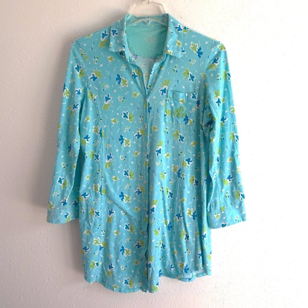 Lauren Ralph Lauren Sleep Shirt Women's Size XL Blue Floral Logo Pocket Lounge